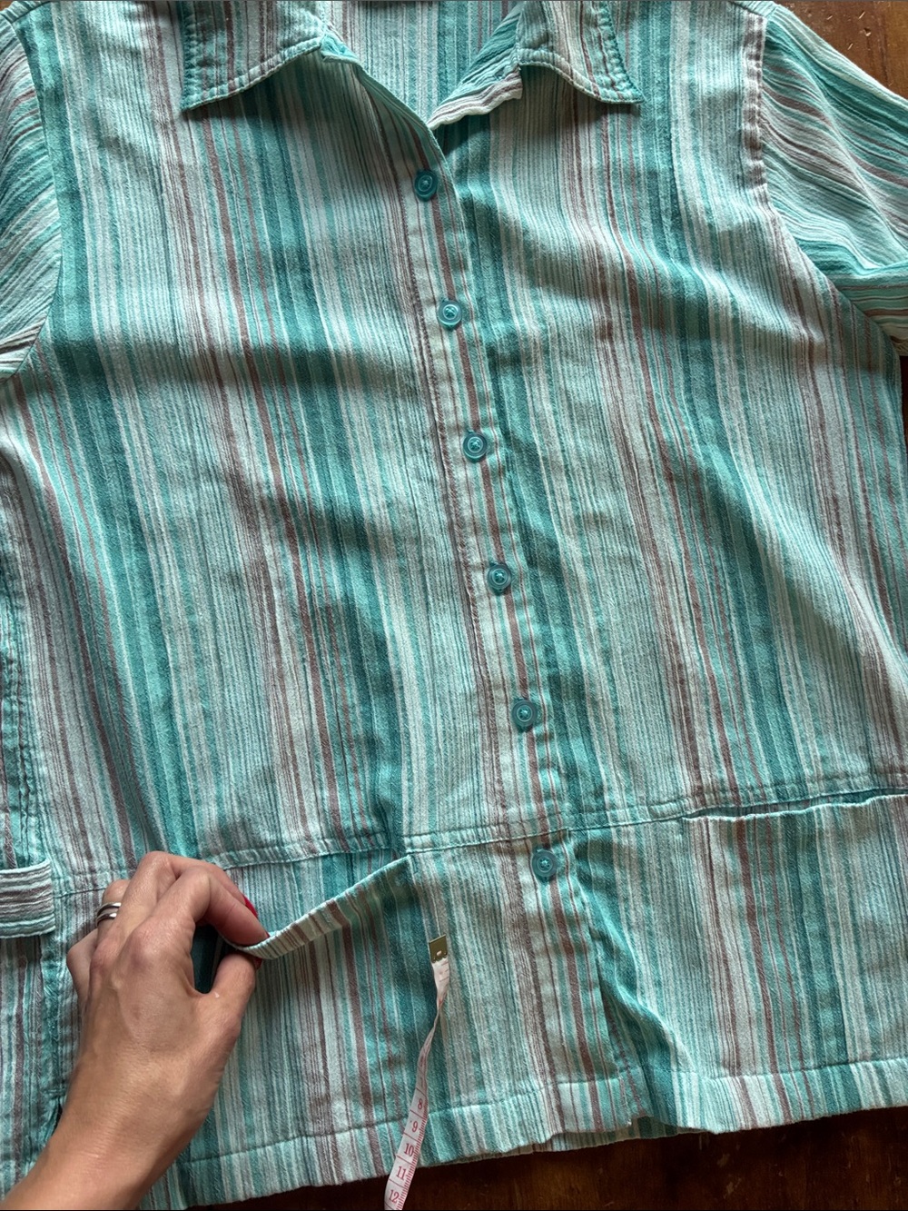 Vintage Carol Reed Boxy Striped Button Up Shirt Aqua - Linen - Picture 8 of 9